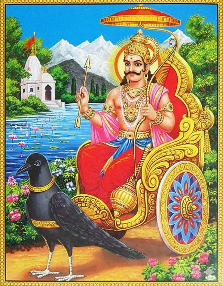 A devotional illustration of Shani Deva on his chariot with the Crow as his vehicle.